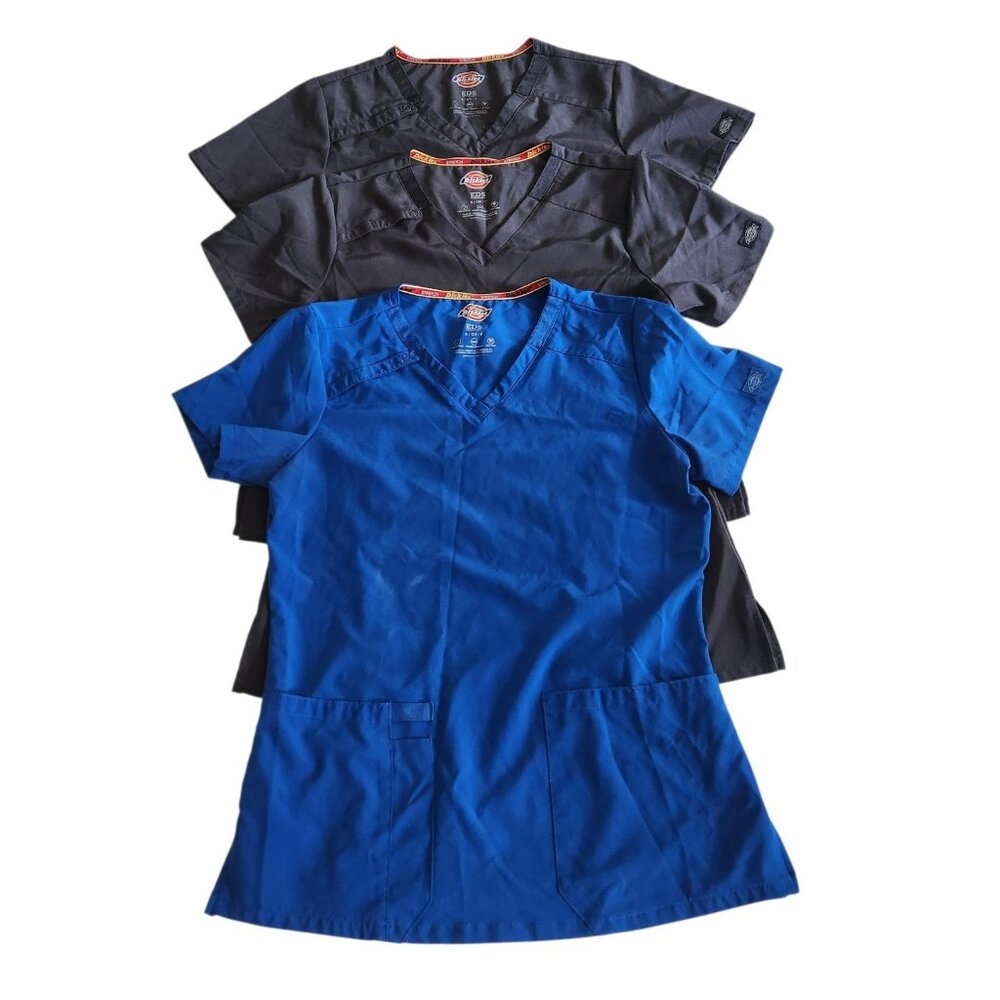 Dickies EDS Essentials Scrubs Tops V-Neck 2 Gray 1 Blue Womens Small (Lot Of 3)